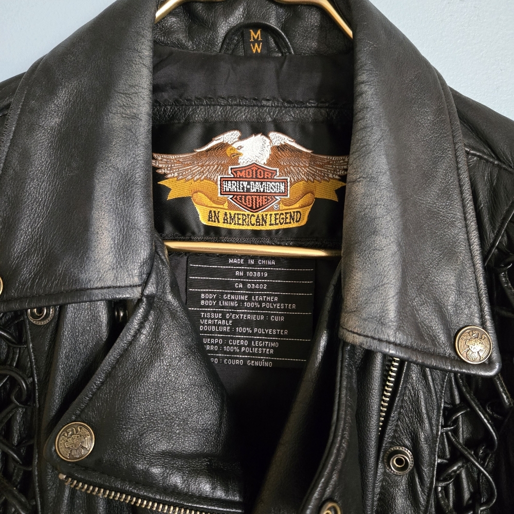 Women's Harley Davidson Black Moto Jacket Winged Logo Braids Genuine Leather Md.